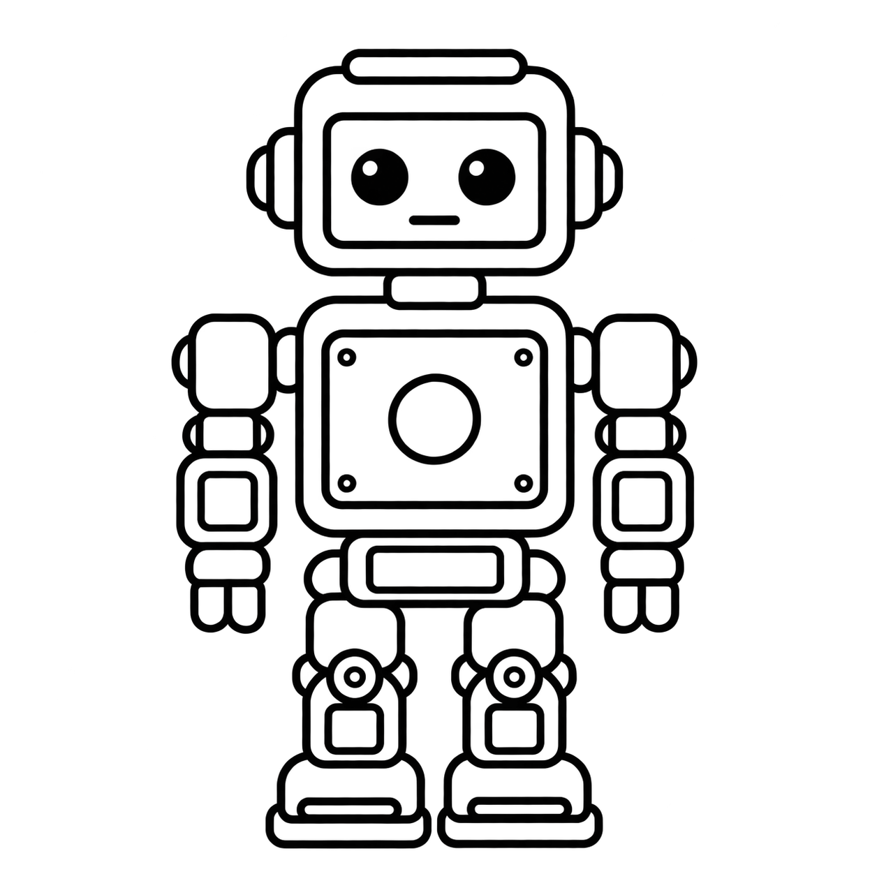 A front-facing robot drawn with simple black outlines, ready to assemble.